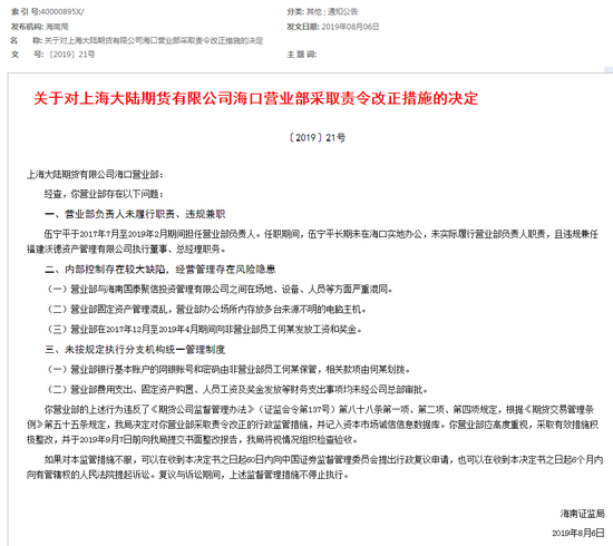 海南证监局公布对上海大陆期货采取责令改正措施决定
