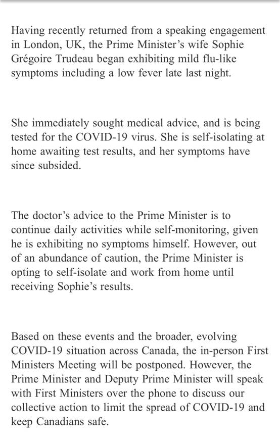 加拿大总理特鲁多进行自我隔离 其妻子出现流感