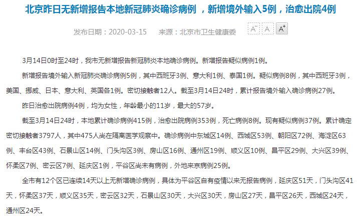 北京15日最新通报：昨日新增5例境外输入病例 西