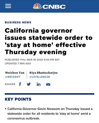刚刚！美国加州州长宣布全州“封城令”