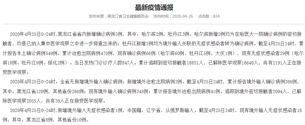 黑龙江4月26日最新通报：新增5例本土病例 其中哈