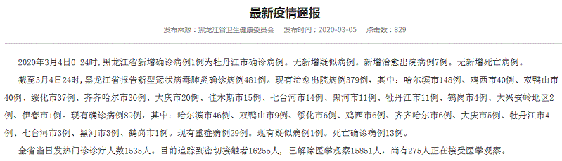 黑龙江省3月5日最新通报：新增确诊病例1例 为牡