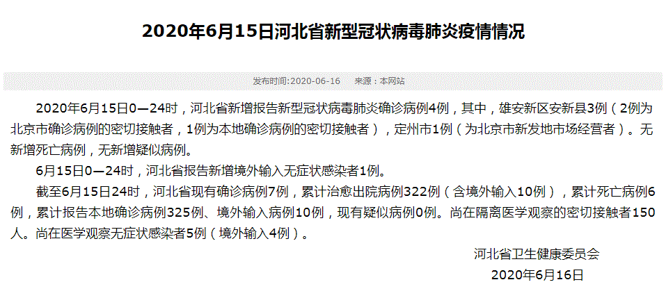 河北省6月16日最新通报：河北新增确诊病例4例