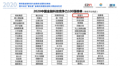 保准牛荣登“2020中国金融科技竞争力企业百强榜”